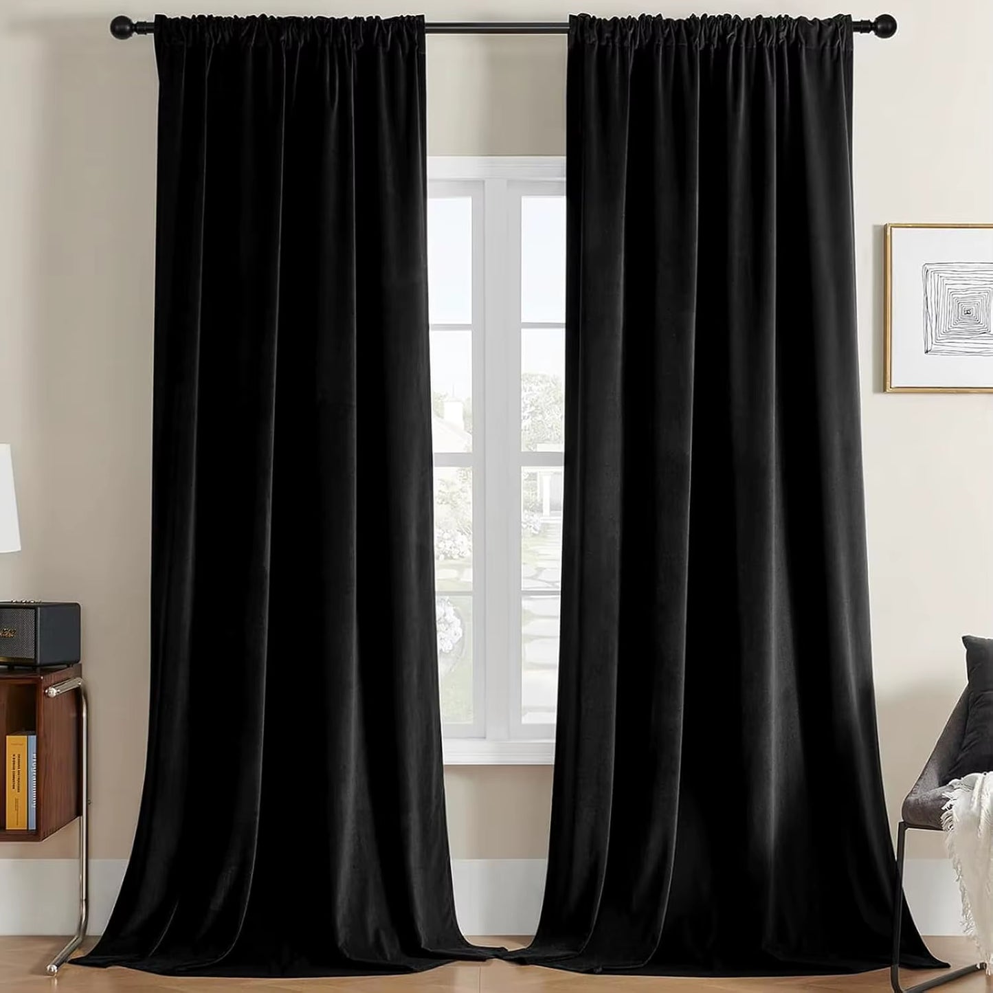 Black Velvet Curtains 84 Inch Length 1 Panels, Luxury Blackout Rod Pocket Curtains, Super Soft Room Darkening Drapes for Living