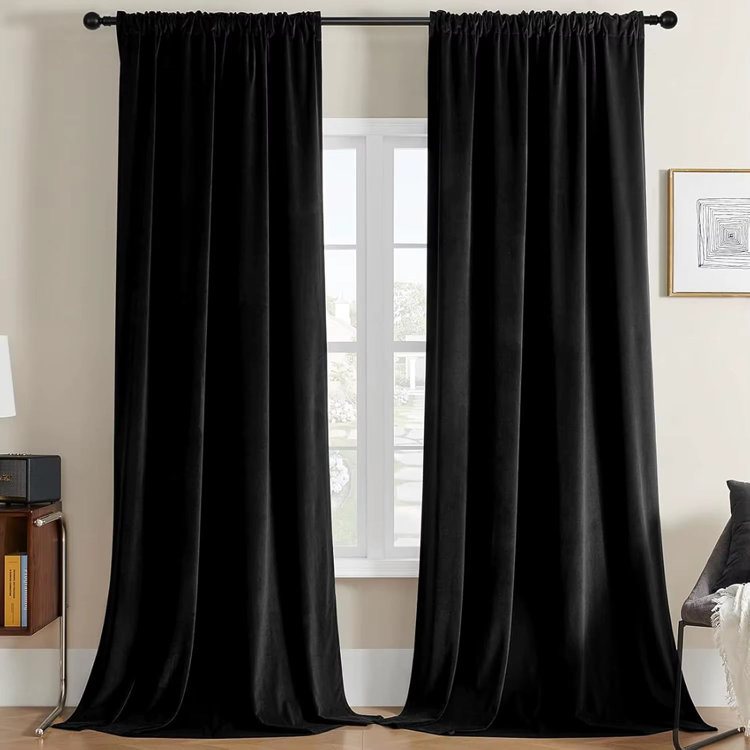 Black Velvet Curtains 84 Inch Length 1 Panels, Luxury Blackout Rod Pocket Curtains, Super Soft Room Darkening Drapes for Living