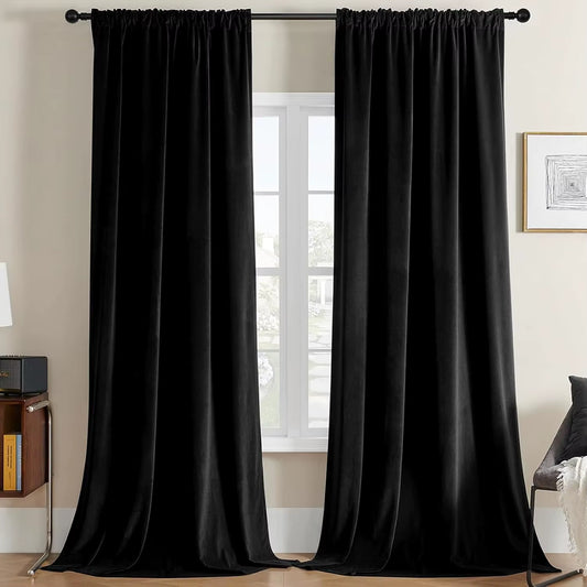 Black Velvet Curtains 84 Inch Length 1 Panels, Luxury Blackout Rod Pocket Curtains, Super Soft Room Darkening Drapes for Living