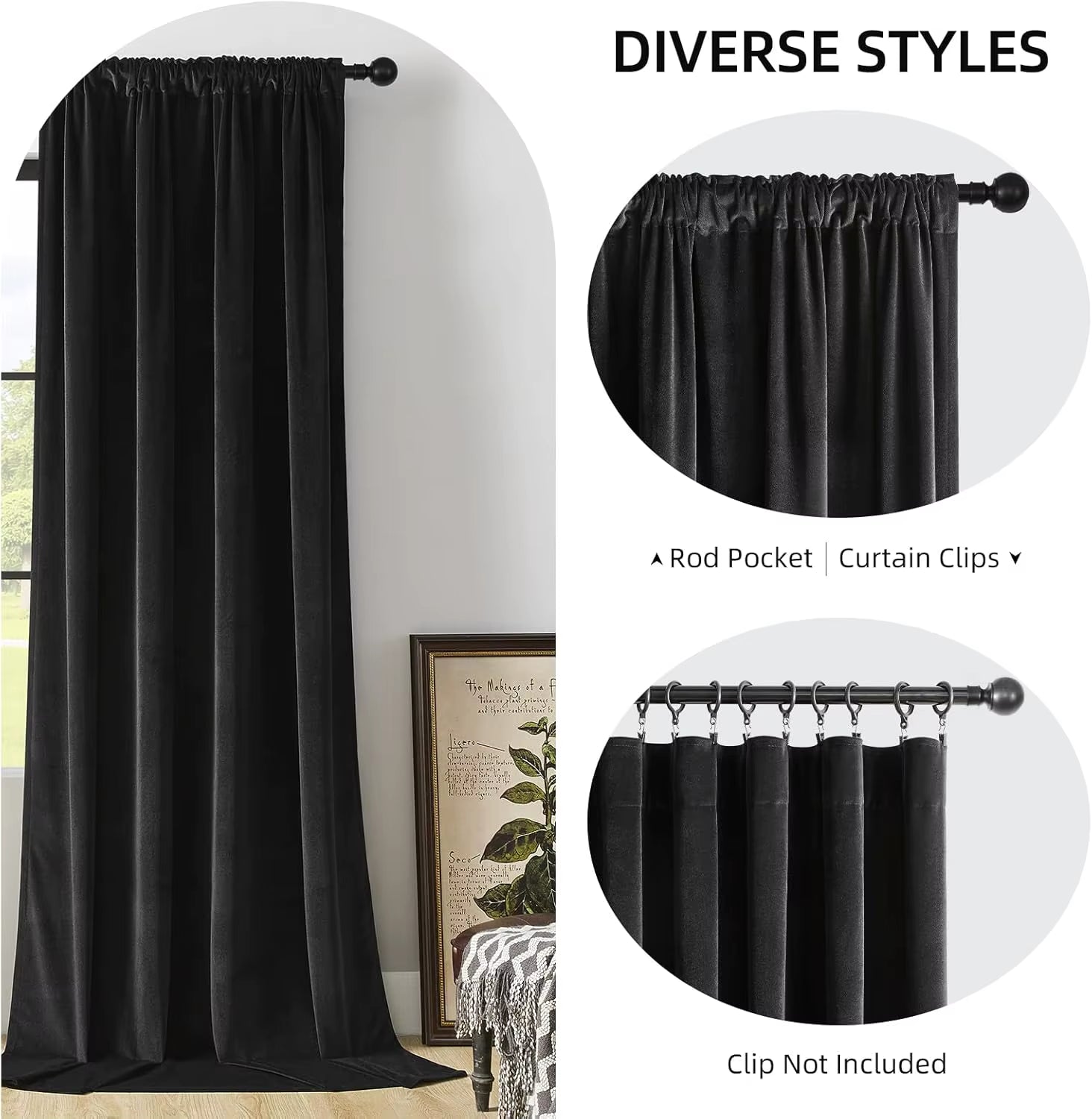 Black Velvet Curtains 84 Inch Length 1 Panels, Luxury Blackout Rod Pocket Curtains, Super Soft Room Darkening Drapes for Living