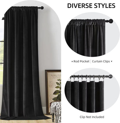 Black Velvet Curtains 84 Inch Length 1 Panels, Luxury Blackout Rod Pocket Curtains, Super Soft Room Darkening Drapes for Living