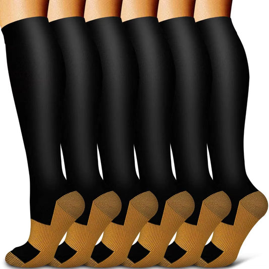 6 Pairs Women and Men Copper Black Compression Socks Anti-Fatigue Pain Relief Graduated Compression 15-20Mmhg Sport Socks